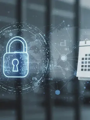 Digital padlock protecting data network, symbolizing federal data mandates effective March 2026 for businesses.