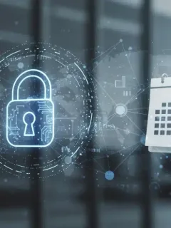 Digital padlock protecting data network, symbolizing federal data mandates effective March 2026 for businesses.