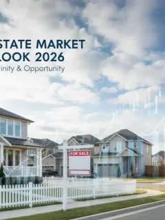 Residential neighborhood with financial charts, representing the 2026 real estate market outlook and economic factors.