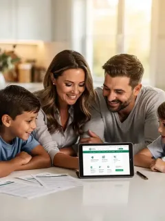 Family reviewing 529 plan updates for 2026 on a tablet, discussing education savings.
