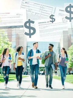 College students walking on a sunny campus with financial aid documents overlaid