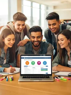Students researching scholarship opportunities on a laptop
