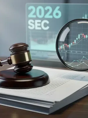 SEC 2026 disclosure rules document with magnifying glass on financial data.
