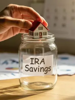 Hand placing house into IRA savings jar, financial planning