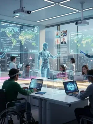 Futuristic online classroom with diverse students and AI tutors