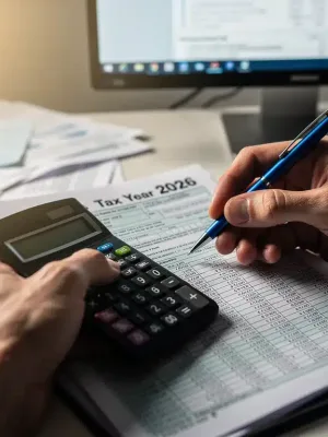 Hands calculating EITC 2026 tax credit on forms