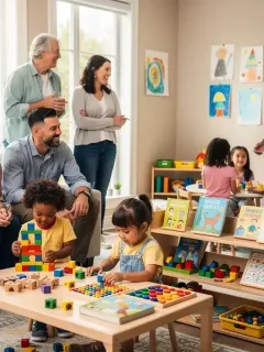 Parents and children happily interacting in a modern child care center, representing accessible support programs.