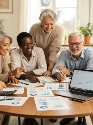 Group of happy retirees reviewing financial plans