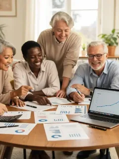 Group of happy retirees reviewing financial plans