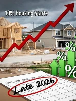 Graph showing falling housing starts and rising mortgage rates for late 2026