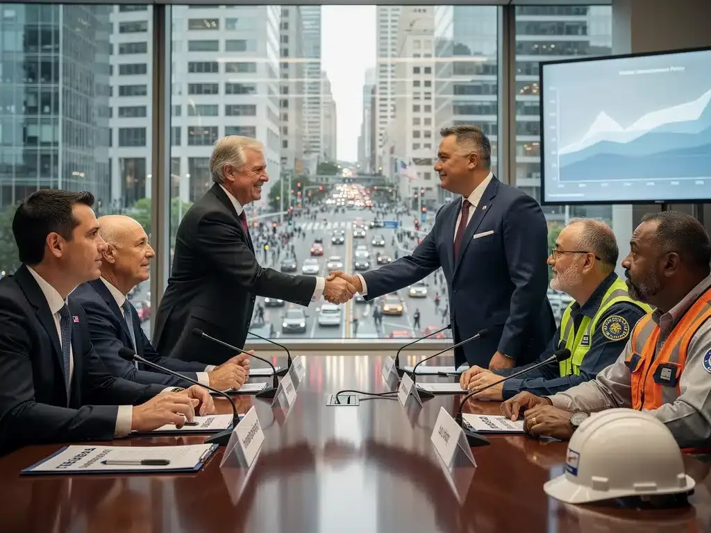 Government and labor officials discussing unemployment policy