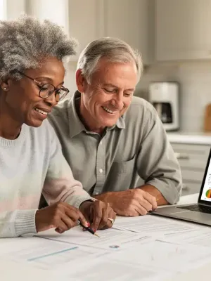 Working retirees reviewing financial documents, understanding 2026 Social Security earnings limit impact