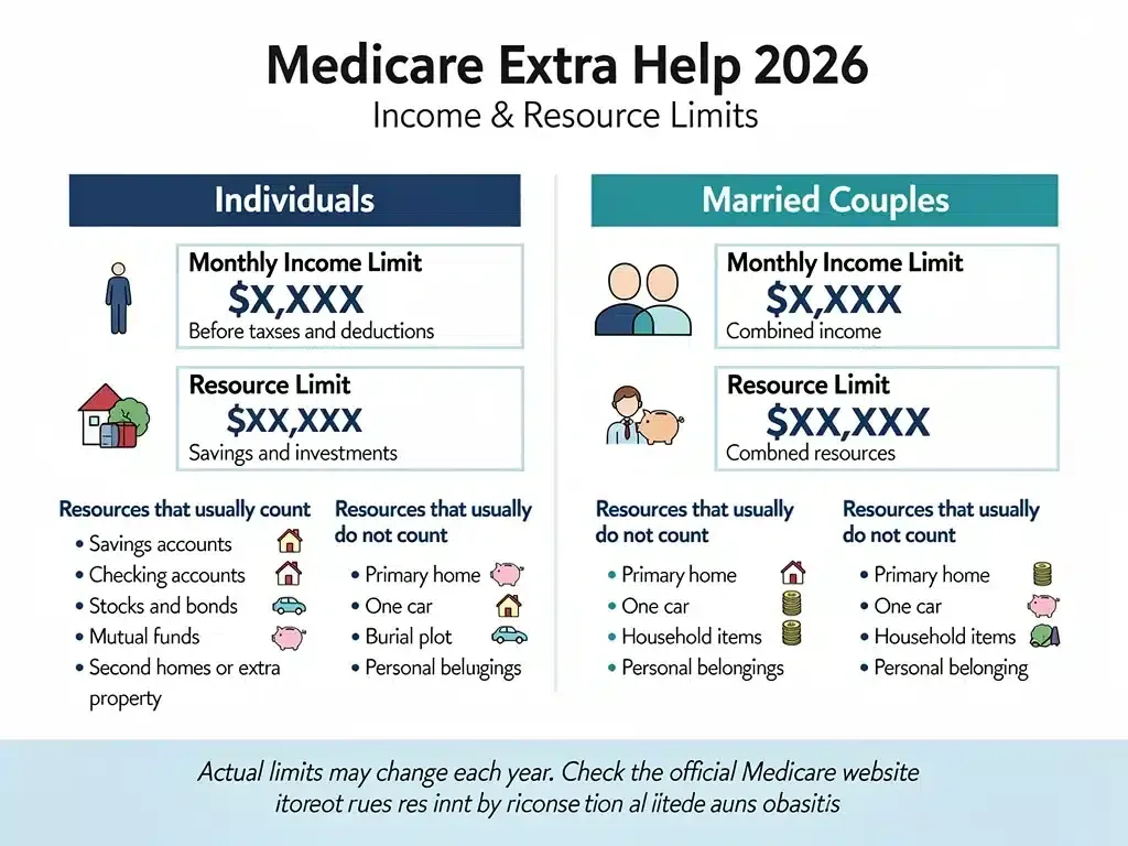 Chart detailing 2026 Medicare Extra Help income and resource limits.