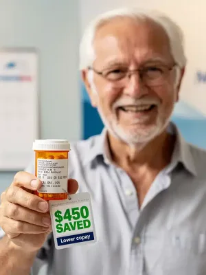 Senior smiling, holding prescription, symbolizing significant savings from Medicare Extra Help 2026.