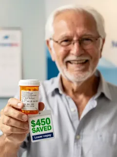 Senior smiling, holding prescription, symbolizing significant savings from Medicare Extra Help 2026.