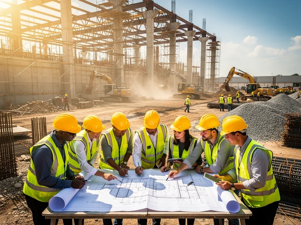 Construction workers and engineers review blueprints on a large infrastructure project site.