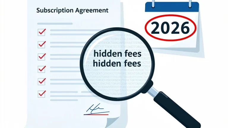 Magnifying glass highlighting hidden clauses in a subscription agreement, representing new FTC regulations.