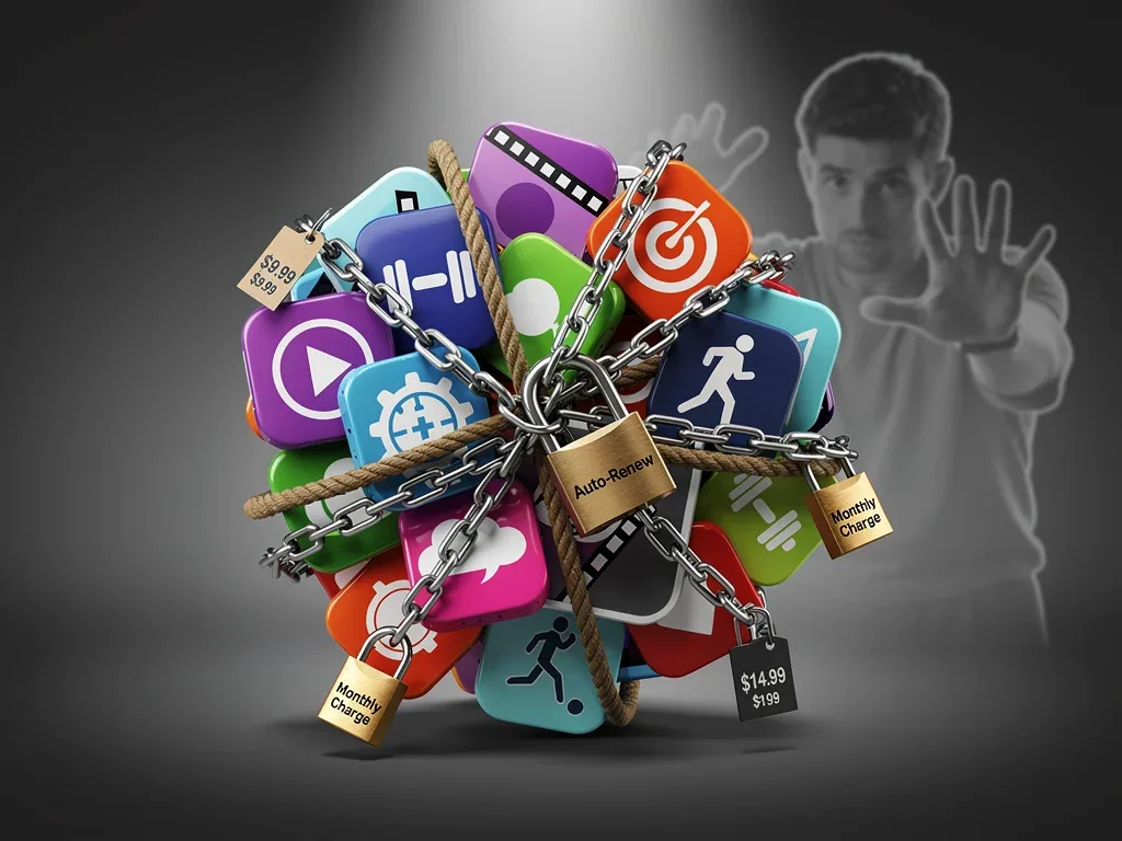 Digital subscription icons tangled, illustrating challenges with recurring charges and new FTC regulations.