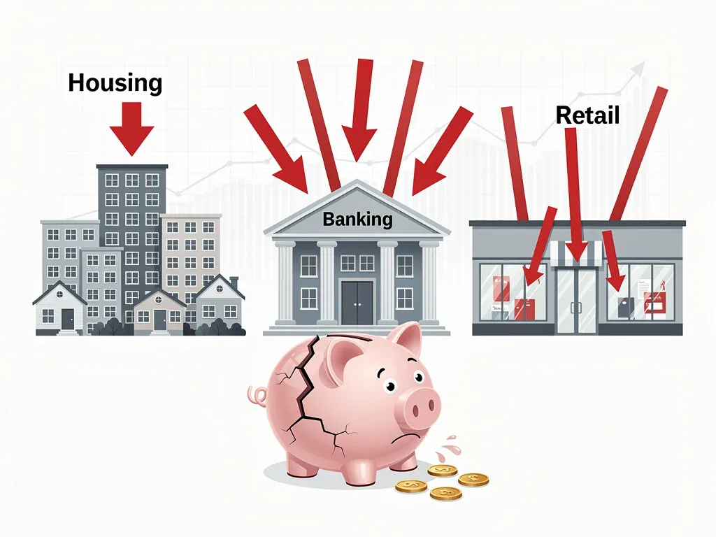 Economic sectors under stress, symbolizing national economic breakdown