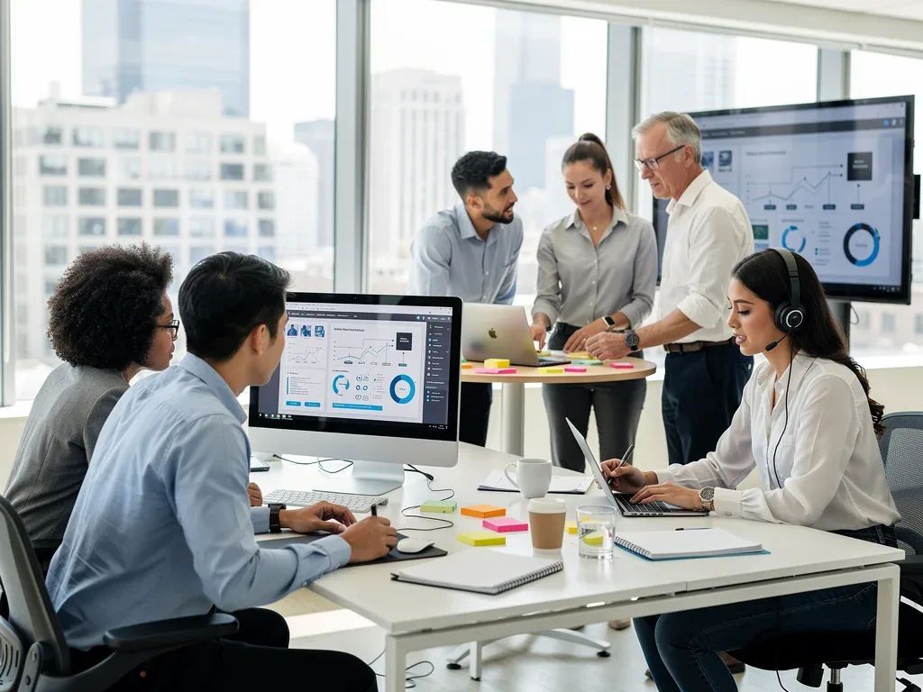 Workers adapting to new technologies and retraining in a modern office.