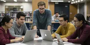 College students collaborating on FAFSA applications in a modern library