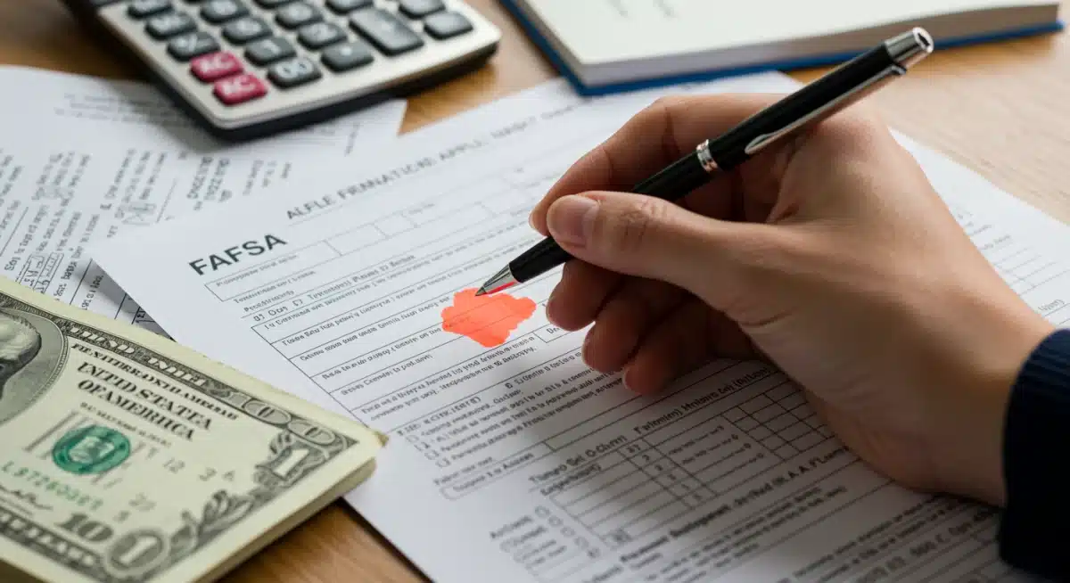 Hand reviewing FAFSA form with financial documents