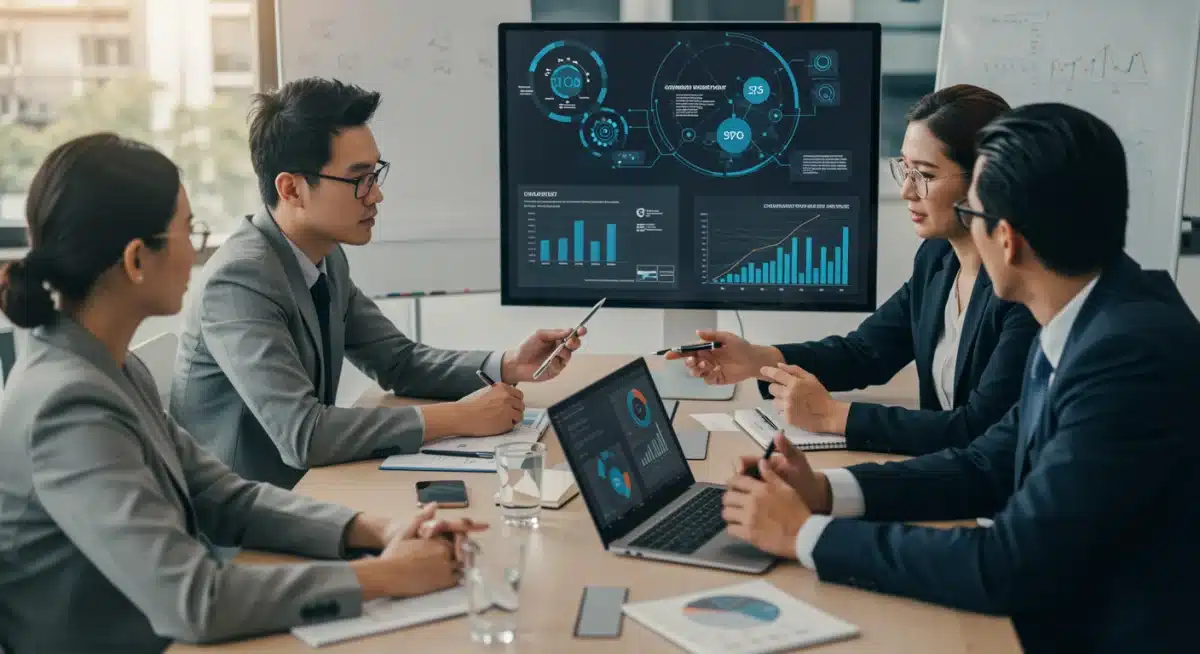 Business team discussing cybersecurity risks and compliance strategies.