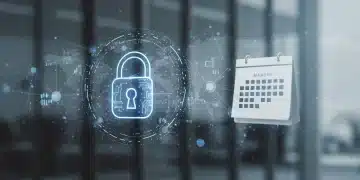 Digital padlock protecting data network, symbolizing federal data mandates effective March 2026 for businesses.