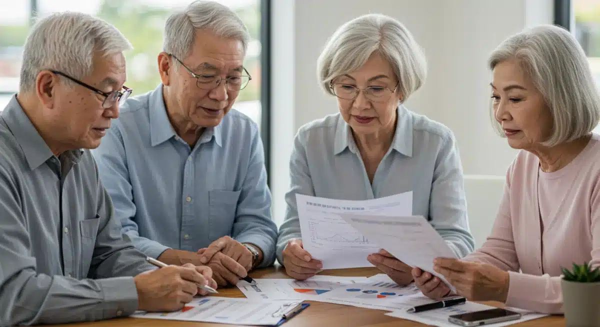 Seniors reviewing financial documents, discussing Social Security COLA impact.