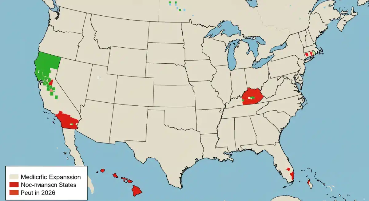 Map of US states showing Medicaid Expansion 2026 status and coverage differences.