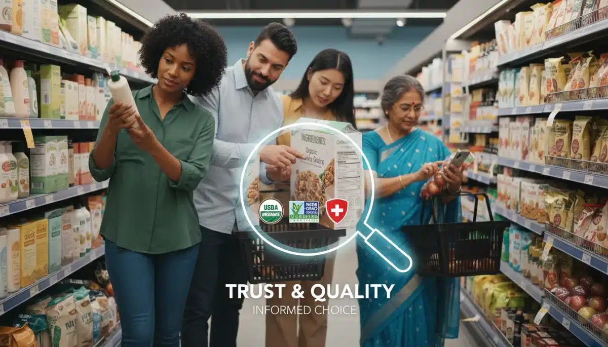 Consumers inspecting product labels for safety certifications in a retail environment.