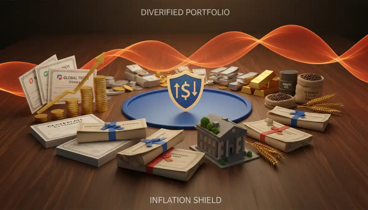 Diversified investment portfolio showing various assets to hedge against inflation.