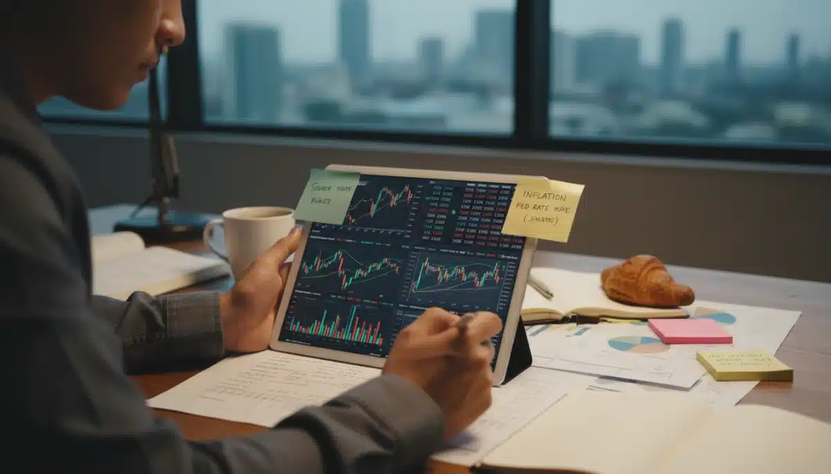 Investor analyzing financial data on a tablet, adjusting investment strategy for inflation.