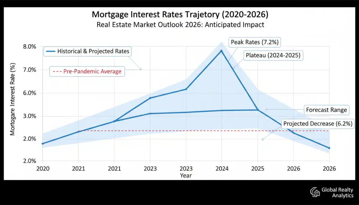 Graph illustrating mortgage rate projections from 2020 to 2026, showing future trends for the real estate market.
