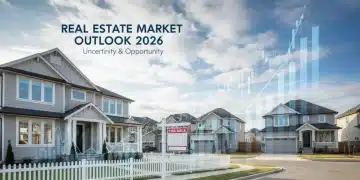 Residential neighborhood with financial charts, representing the 2026 real estate market outlook and economic factors.