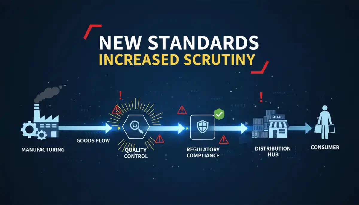 Diagram of a supply chain with new regulatory checkpoints for product safety.