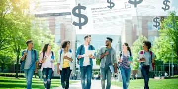 College students walking on a sunny campus with financial aid documents overlaid