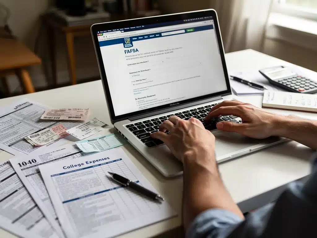 Person filling out FAFSA form on laptop for college financial aid