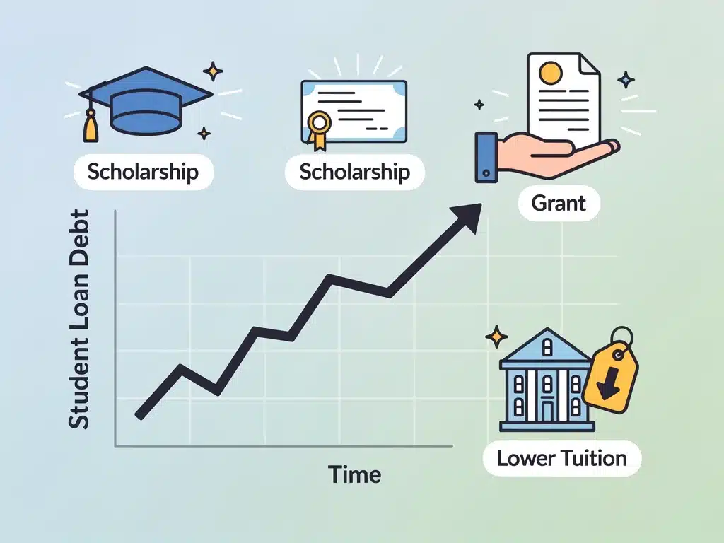 Graphic showing decreasing student loan debt with scholarship and grant icons