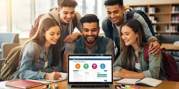 Students researching scholarship opportunities on a laptop