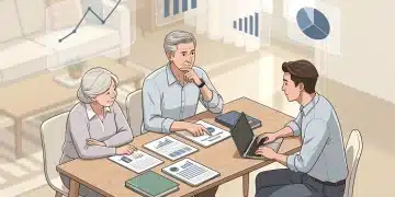 Family discussing estate planning documents with a financial advisor, symbolizing future financial security.