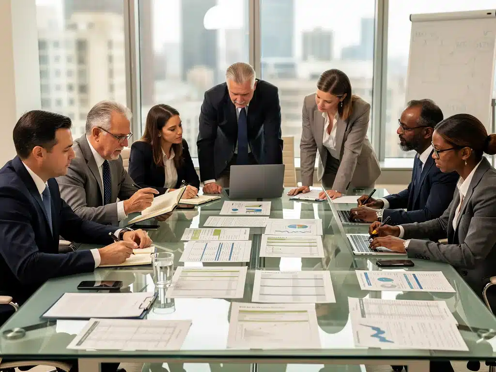 Financial and legal professionals collaborating on complex estate planning strategies.