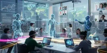 Futuristic online classroom with diverse students and AI tutors