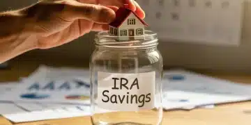 Hand placing house into IRA savings jar, financial planning