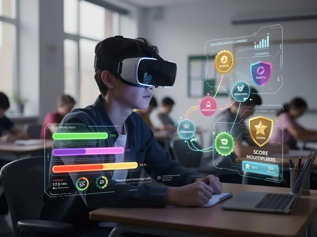 Student immersed in virtual reality learning environment
