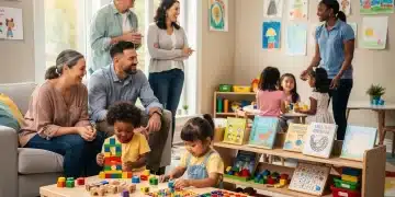 Parents and children happily interacting in a modern child care center, representing accessible support programs.