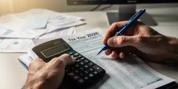 Hands calculating EITC 2026 tax credit on forms
