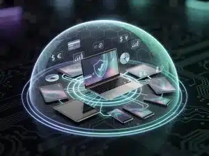 Digital devices protected by a security shield, representing enhanced data privacy under new federal laws.