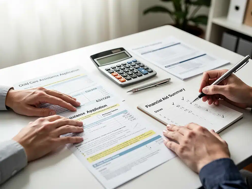 Documents and calculator on a table, illustrating the financial aid application process for child care.