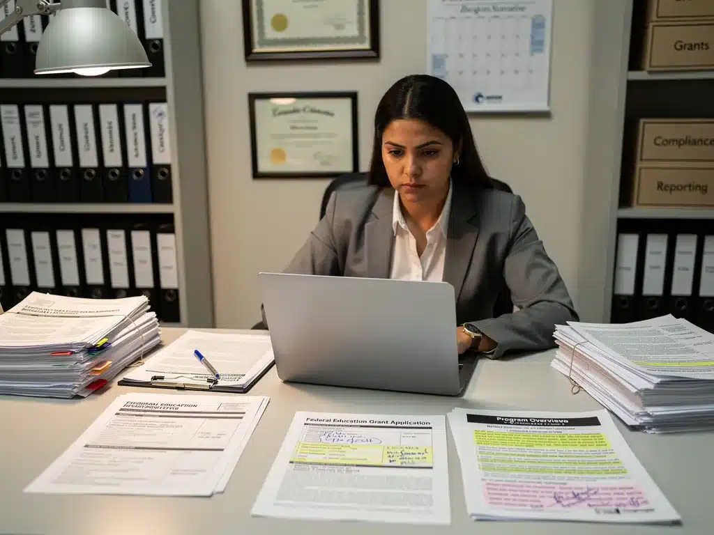 Person meticulously working on a grant application for education funding.